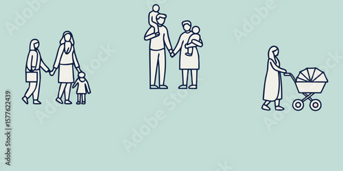 Family Generations and Parenting Styles Illustrated with Walking Figures, Stroller, and Home Icons in Minimalist Flat Design