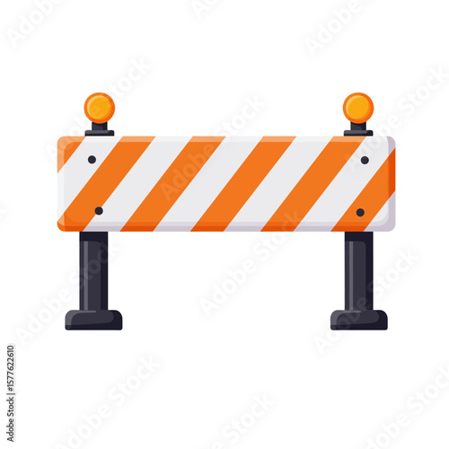 A vibrant cartoon illustration of a striped orange and white construction barrier with flashing warning lights, isolated on a clean white background, symbolizing road work ahead.