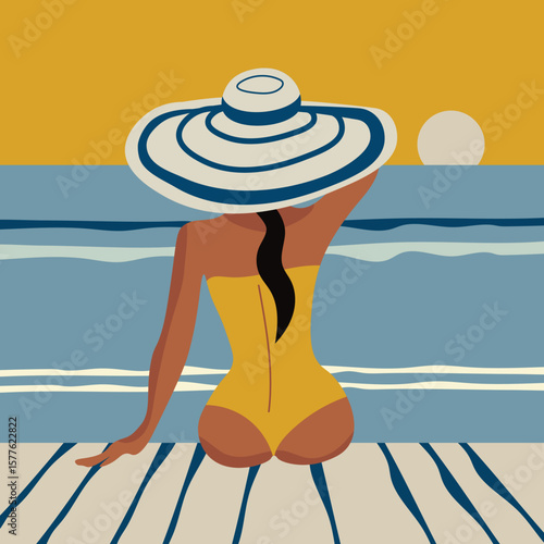 Vector illustration of a girl in a yellow swimsuit and wide-brimmed hat, sitting by the sea with a back view. Retro flat design style. Perfect for summer-themed projects, beach posters, vacation ads, 
