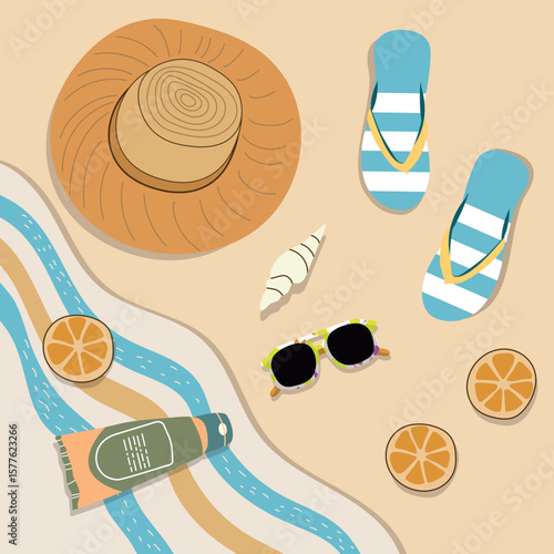 Modern summer flat illustration featuring a hat, flip flops, seashells, oranges, sunglasses, and sunscreen on sand. Top view design, perfect for summer projects, travel themes, and beach lifestyle vis