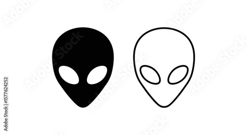 Two alien heads one filled black the other outlined in white on a white background