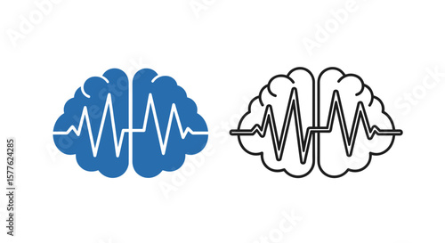 Illustration of two brains with eeg waves one in blue and one in black and white outline