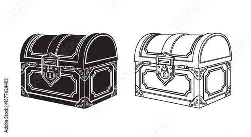 Two treasure chests one filled with black and the other is a line drawing style chest