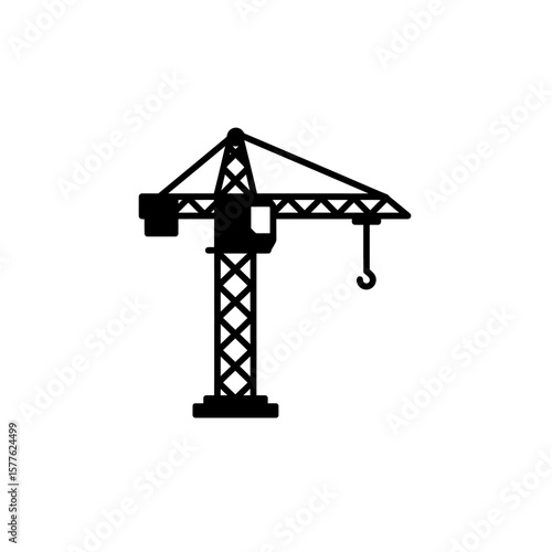 A black silhouette of a towering construction crane stands isolated on a clean white background, symbolizing building and development.