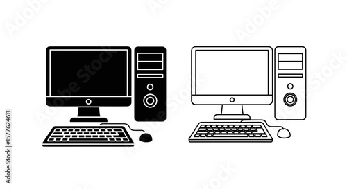 Illustration of two desktop computers with monitors keyboards and mice in black and white