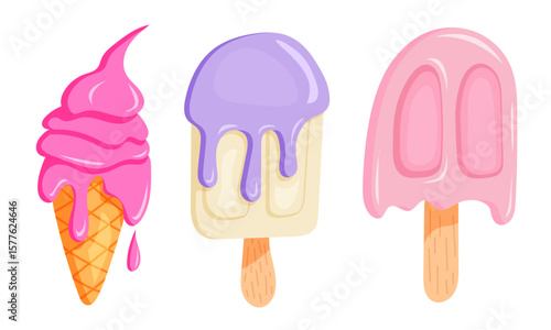 Cartoon ice cream collection with colorful toppings