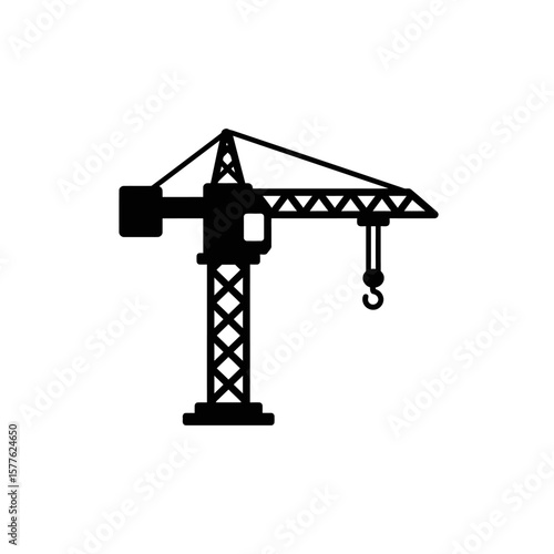 A striking black silhouette icon of a towering construction crane stands prominently against a white background, symbolizing building, development, and heavy industry.
