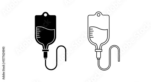 Illustration of two iv bags, one filled in black and one in outline, on a white background