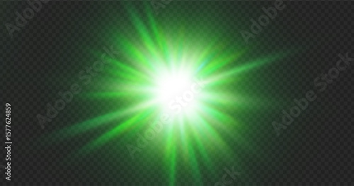 Green lens flare light effect with sparkle glow and radiant background. Abstract neon streaks and laser beams in transparent vector design. Starburst explosion or optical projection for magic emerald.