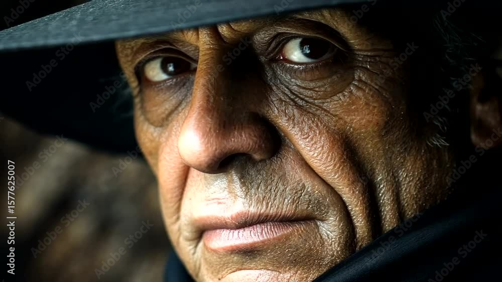 Intense close-up of a mature man's face in shadow, creating a sense of mystery and intrigue for Intense close-up of a mature man's face in shadow, creating a sense of mystery and intrigue for