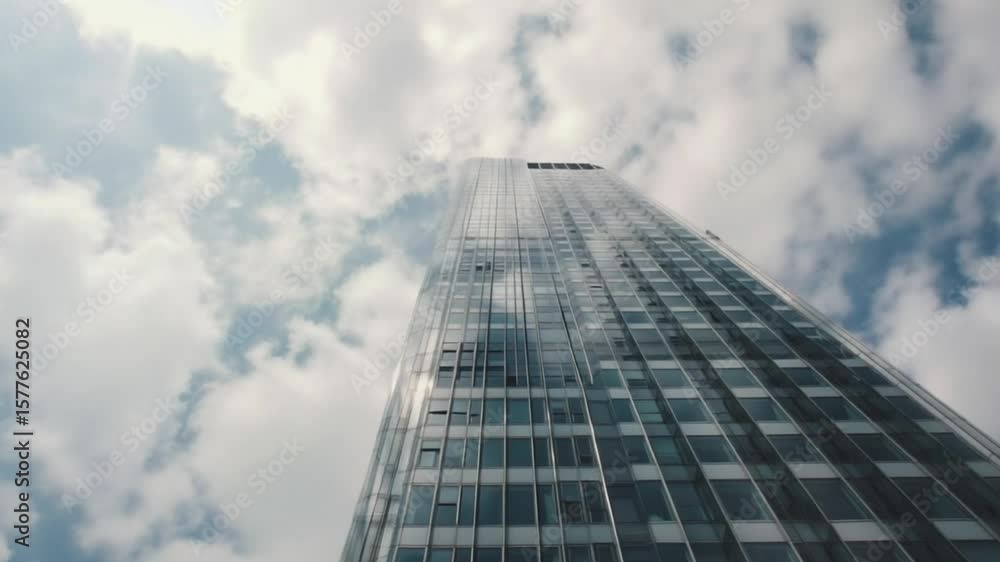 Skyscraper reaching towards the sky under a blue and cloudy atmosphere in the city Skyscraper reaching towards the sky under a blue and cloudy atmosphere in the city