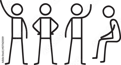 Stick man in different poses line art vector