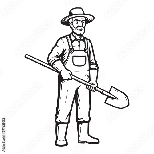 Hand drawn illustration of a farmer holding a shovel ready for work in the field