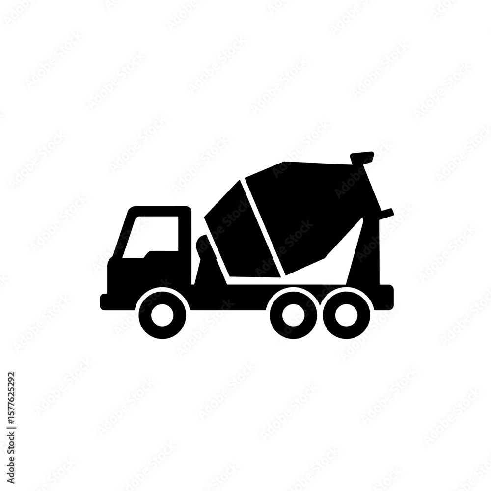 Fototapeta premium A minimalist black and white illustration depicts a concrete mixer truck, a symbol of construction and building, isolated against a clean white background.