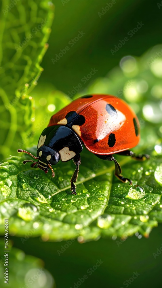 Close-up macro of a red and black ladybug crawling on a dew-covered green leaf, bathed in natural sunlight and vibrant detail. Close-up macro of a red and black ladybug crawling on a dew-covered green leaf, bathed in natural sunlight and vibrant detail.