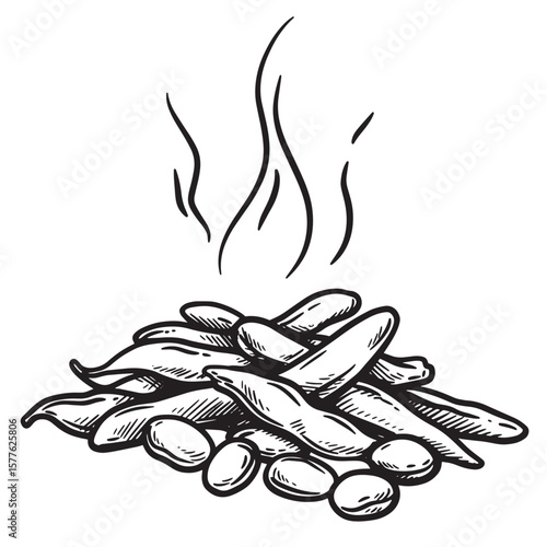 Illustration of a pile of steaming edamame pods and soybeans in black and white