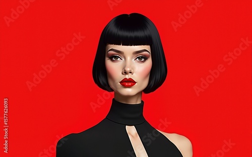 Futuristic Red, White, and Black Portrait of Woman in Extravagant Minimalist Attire. Generative ai. High quality