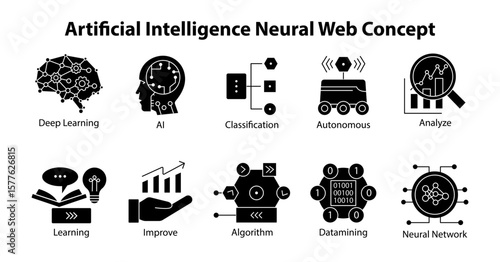 Artificial Intelligence Neural Web Concept – Deep Learning Line Art Icon