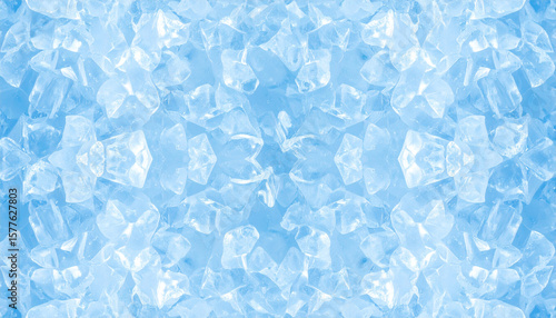 Ice crystal texture close up with translucent frozen water pieces creating cool and refreshing pattern in light blue tones, evoking crisp and chilly atmosphere