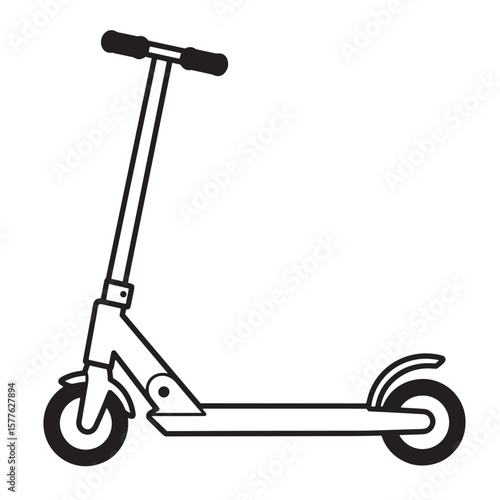 Simple black and white illustration of a kick scooter for transportation and recreation