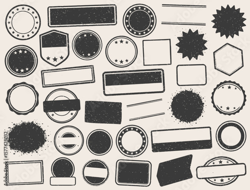 Retro Grunge Stamps frames vector icon shape set. Black round and square empty stamp border pack. Blank Stamp template grunge ink rubber labels collection. Vector image Isolated on white background. 