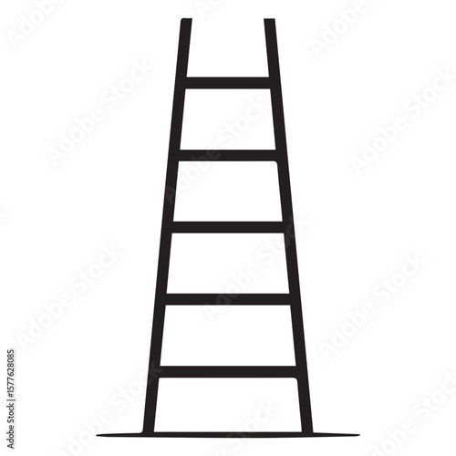A stark black silhouette of a simple ladder with wide rungs and splayed legs stands isolated on a clean white background