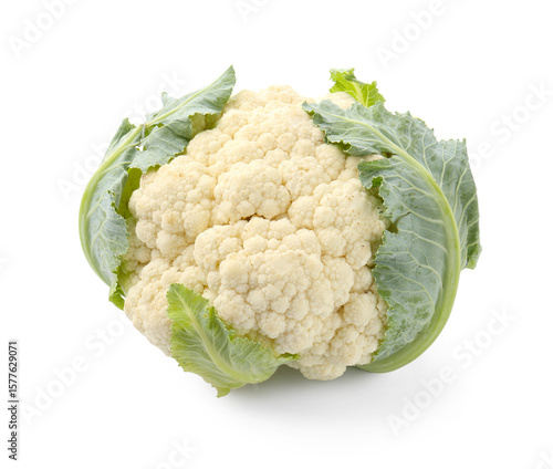 One fresh cauliflower with green leaves isolated on white