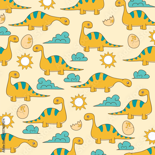 yellow background semaless pattern vector design cartoon of brontosaurus dinosaur for kids apparel full print fabric