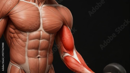 3D anatomical animation of a male figure performing a bicep curl with a dumbbell. Biceps brachii and related muscles are highlighted in red. Educational fitness visual for strength training