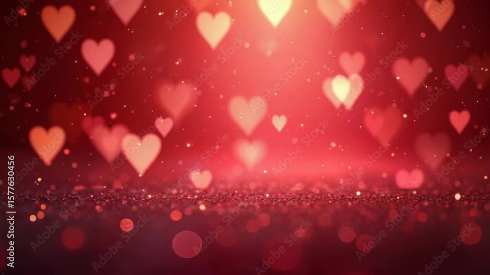 A shimmering romantic background filled with floating hearts in various ...