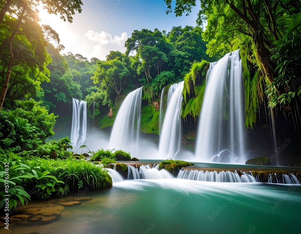 Naklejka premium Lush waterfall cascading into a tranquil pool, surrounded by dense forest