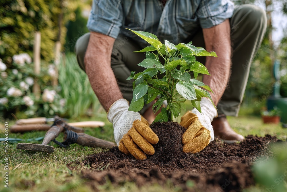 Fototapeta premium A calm moment as a man plants a pothos plant into fresh garden soil by hand, crouching in casual gardening clothes, tools like gloves and trowel around him, with bright daylight and greenery