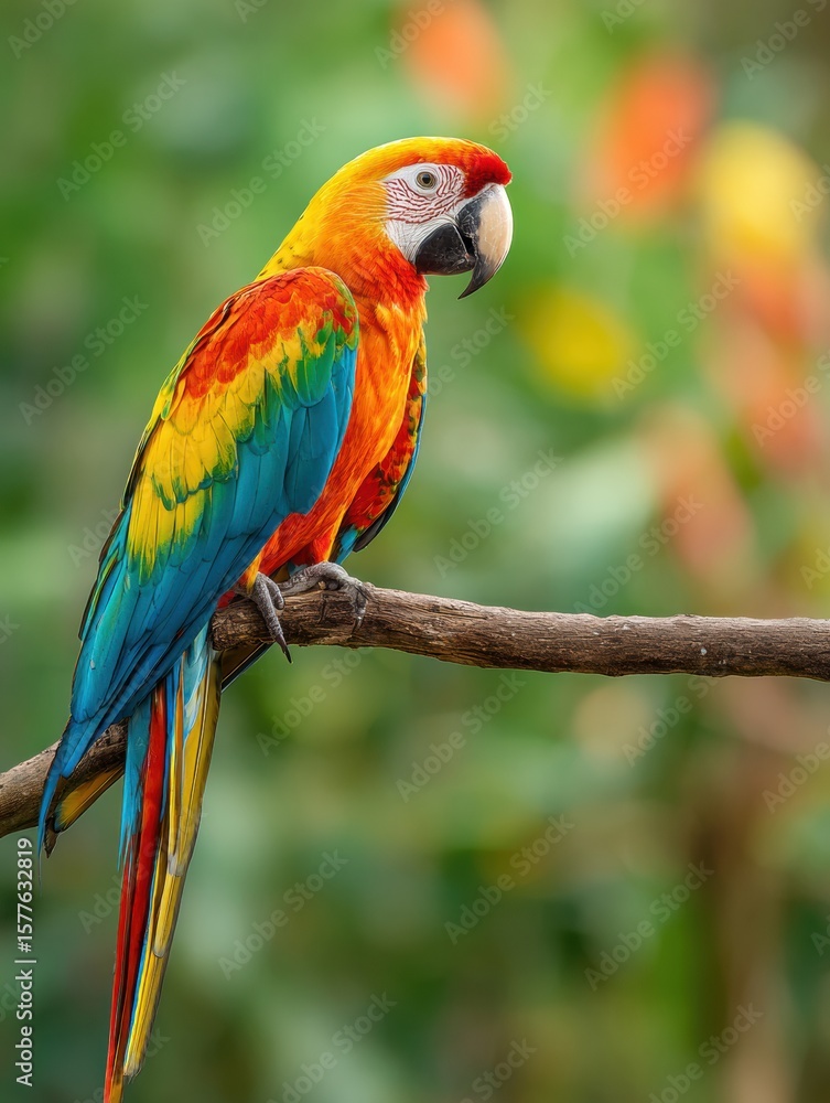 Fototapeta premium Colorful Parrot Perched on a Tropical Branch Amidst a Vibrant Jungle Backdrop Inviting Nature Enthusiasts and Bird Watchers