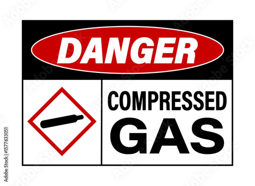 Danger, compressed gas. OSHA warning sign with gas cylinder in red diamond sign and text on the right. 