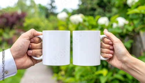 Two white mugs held by hands in a garden