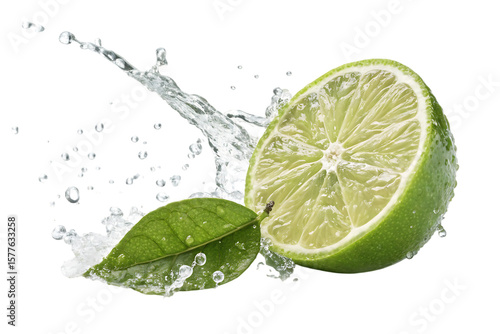 Fresh half lime with water splash and green leaf PNG Image