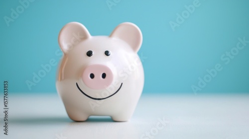 A white piggy bank with a pink nose and black eyes, standing on a blue background.