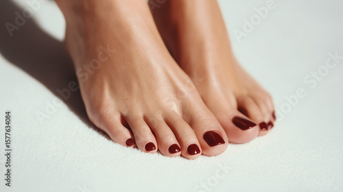 Burgundy perfect pedicure on feet. Female feet on bright white background