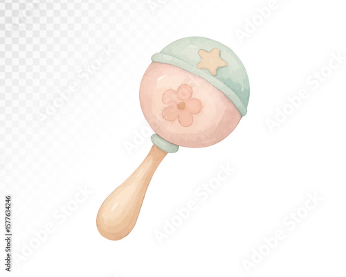Watercolor baby rattle toy with pastel pink and green tones. Ideal for baby shower designs, cards, nursery themes, and baby accessories branding. Vector illustration.