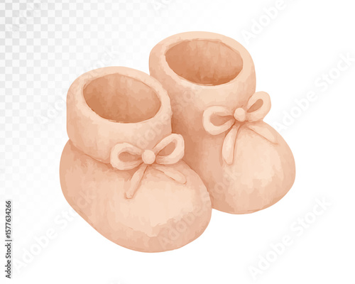 Watercolor soft pink baby booties with delicate bows. Perfect for baby girl themes, baby shower invitations, nursery prints, and newborn fashion illustrations. Vector illustration.