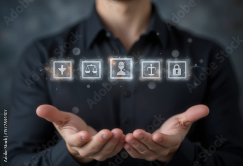 Governance and compliance concept presented on a dark background with hands