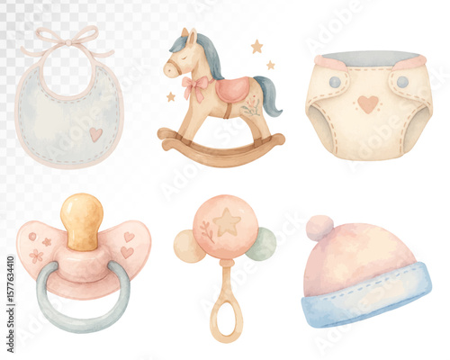 Watercolor baby set with pacifier, rattle, hat, rocking horse, diaper and bottle. Great for newborn illustrations, baby shower themes, and nursery decor. Vector illustration.