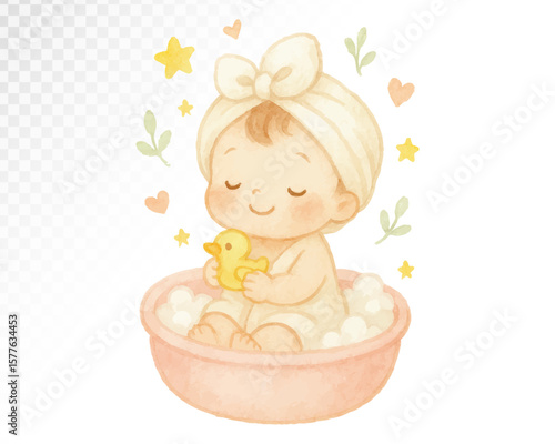Watercolor illustration of a baby in a towel bath with a rubber duck. Perfect for bath time illustrations, newborn care visuals, and baby hygiene products. Vector illustration.