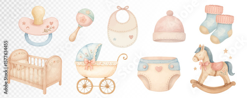 Watercolor collection of baby elements including pacifier, bottle, stroller, rattle, crib, booties, hat and rocking horse. Ideal for baby-themed compositions. Vector illustration.