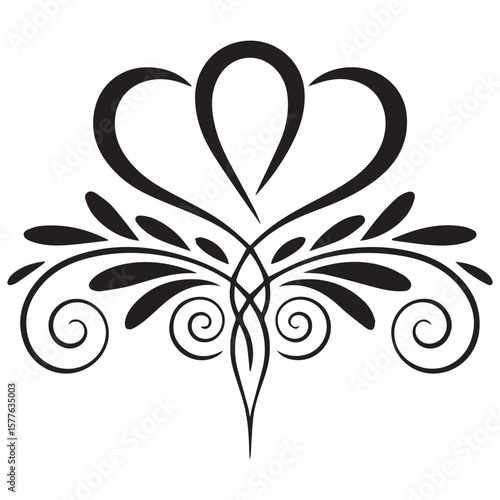 Elegant black swirling floral ornament with two heart shapes at the top and delicate leaf accents