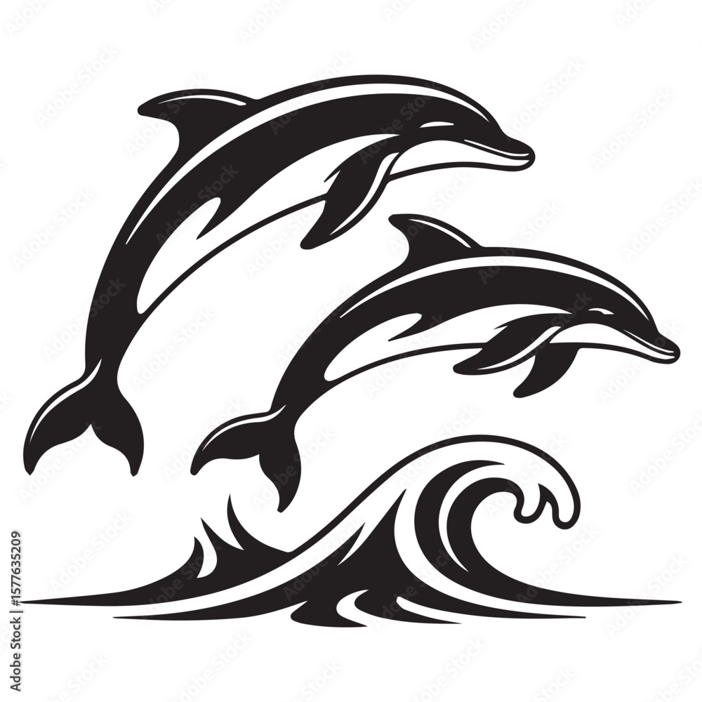 Naklejka premium Two stylized black dolphins leaping gracefully over a dynamic wave in a clean graphic illustration