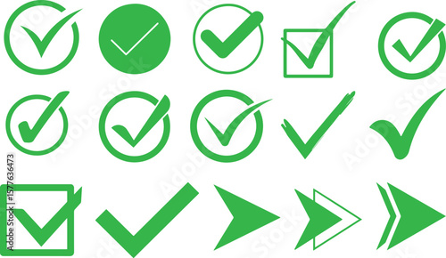 Collection of green checkmarks and directional arrows on a white background