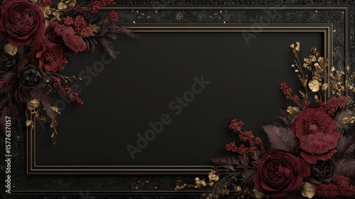 Dark black gothic background with an old beautiful castle and dark red and gold flowers making a thin but elegant frame with intricate decorating frame