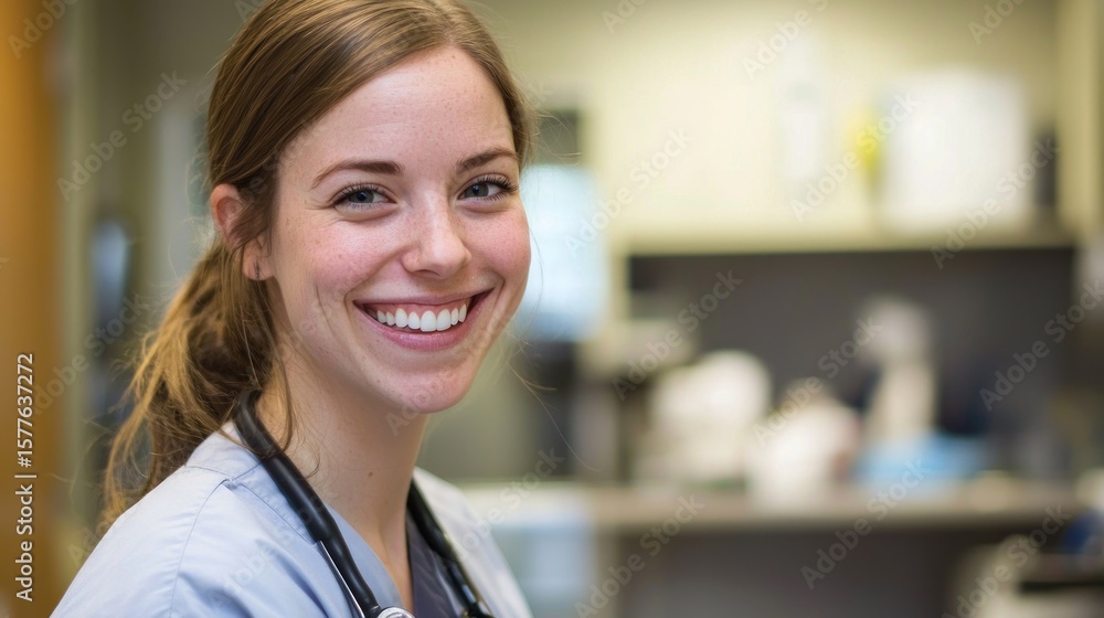 Fototapeta premium A young female healthcare professional in scrubs, smiling warmly in a hospital setting.