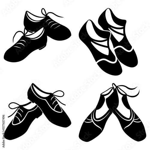 Illustration showing four pairs of different styles of black dancing shoes on a white background
